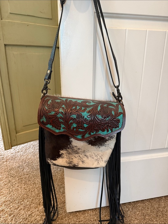Myra Bag Handbags - Myra Bag Turquoise and Brown Tooled Leather Cowhide Fringe Crossbody